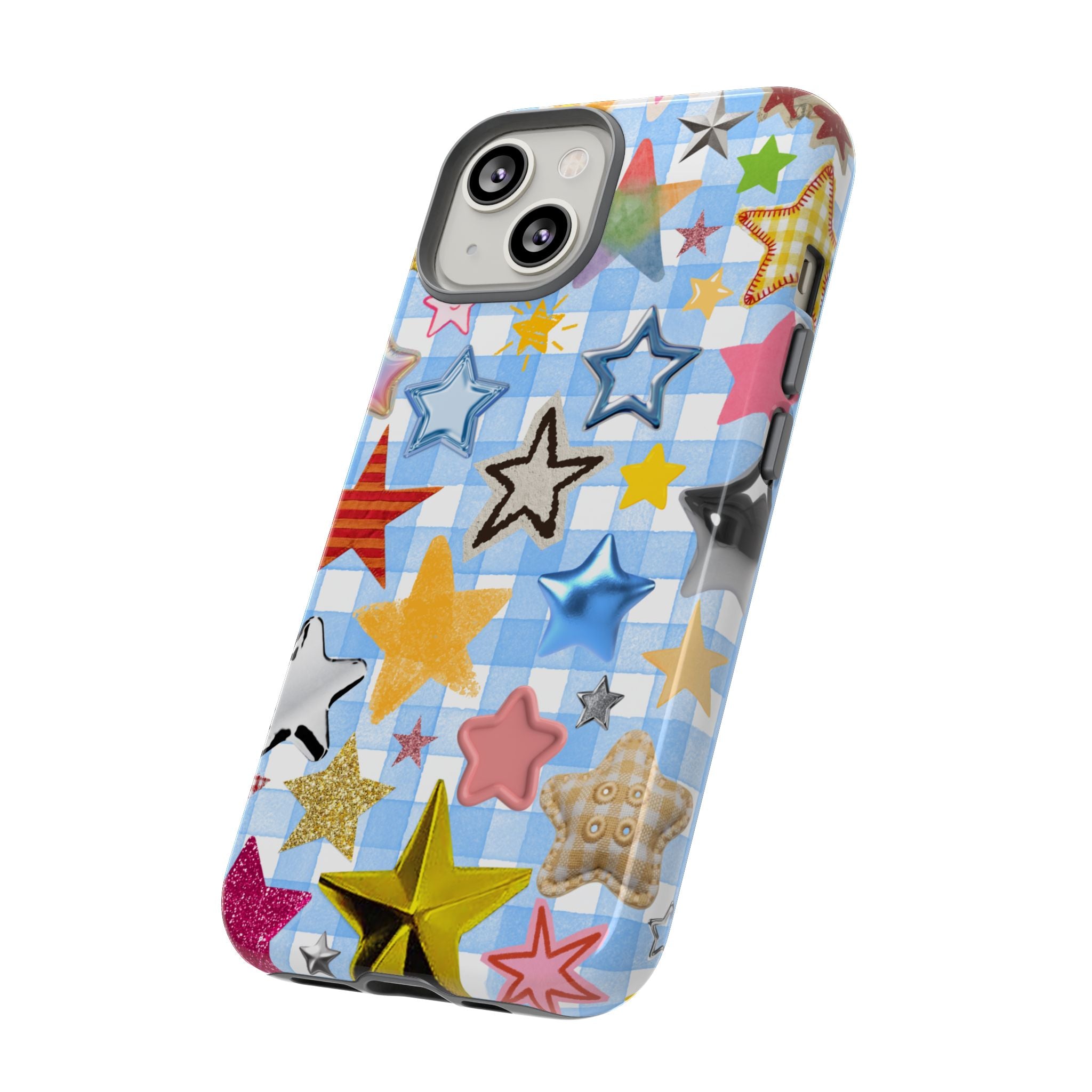 Star Pattern Phone Case – Colorful Stars on Blue Gingham Phone Case