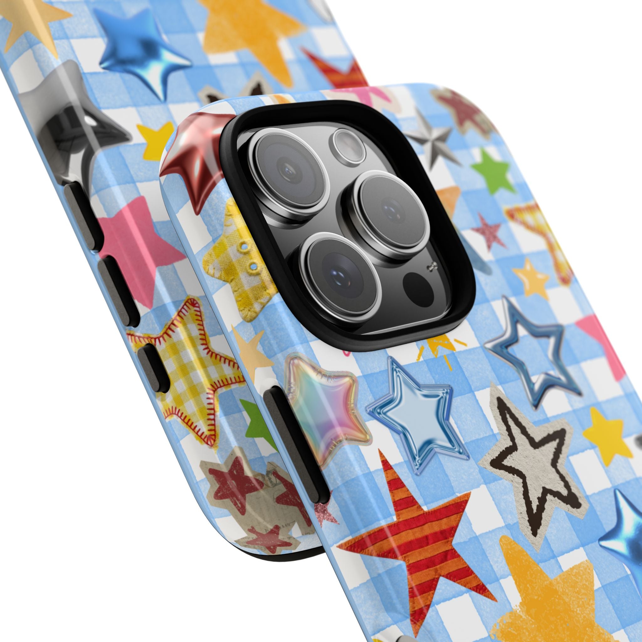 Star Pattern Phone Case – Colorful Stars on Blue Gingham Phone Case