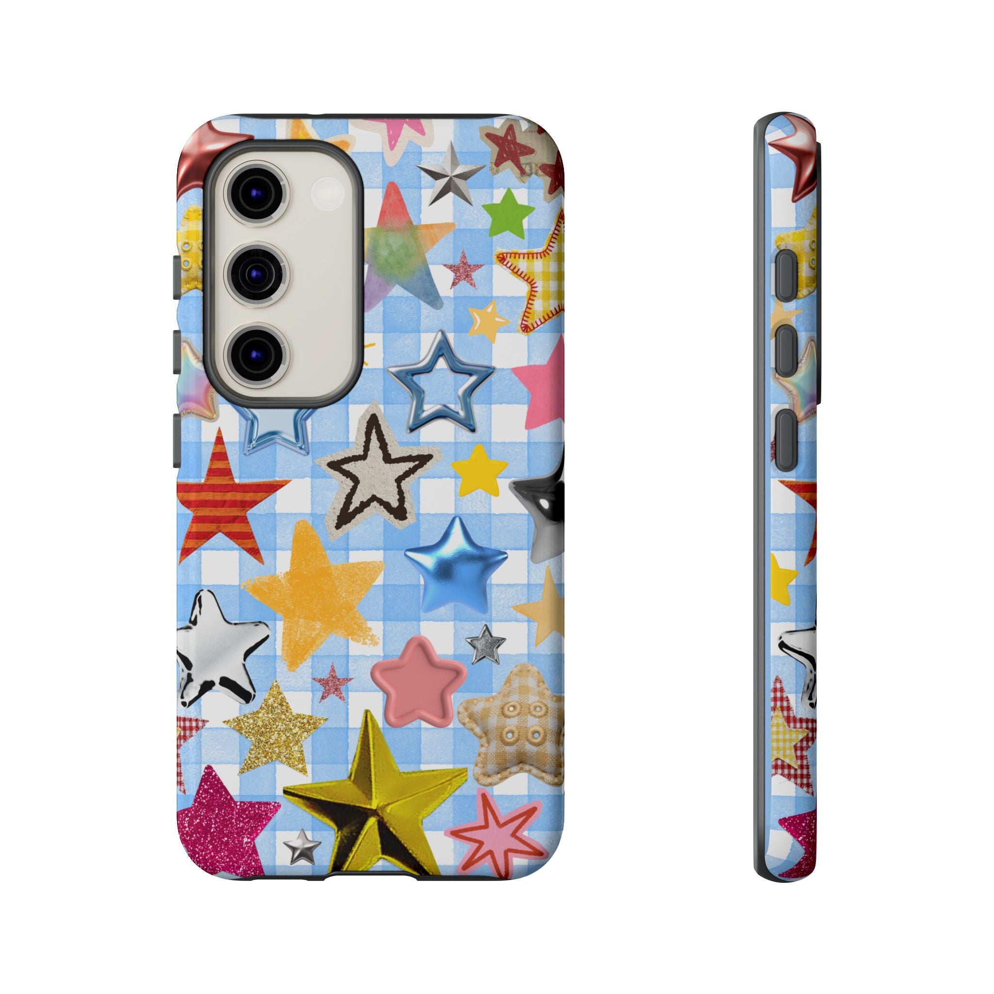 Star Pattern Phone Case – Colorful Stars on Blue Gingham Phone Case
