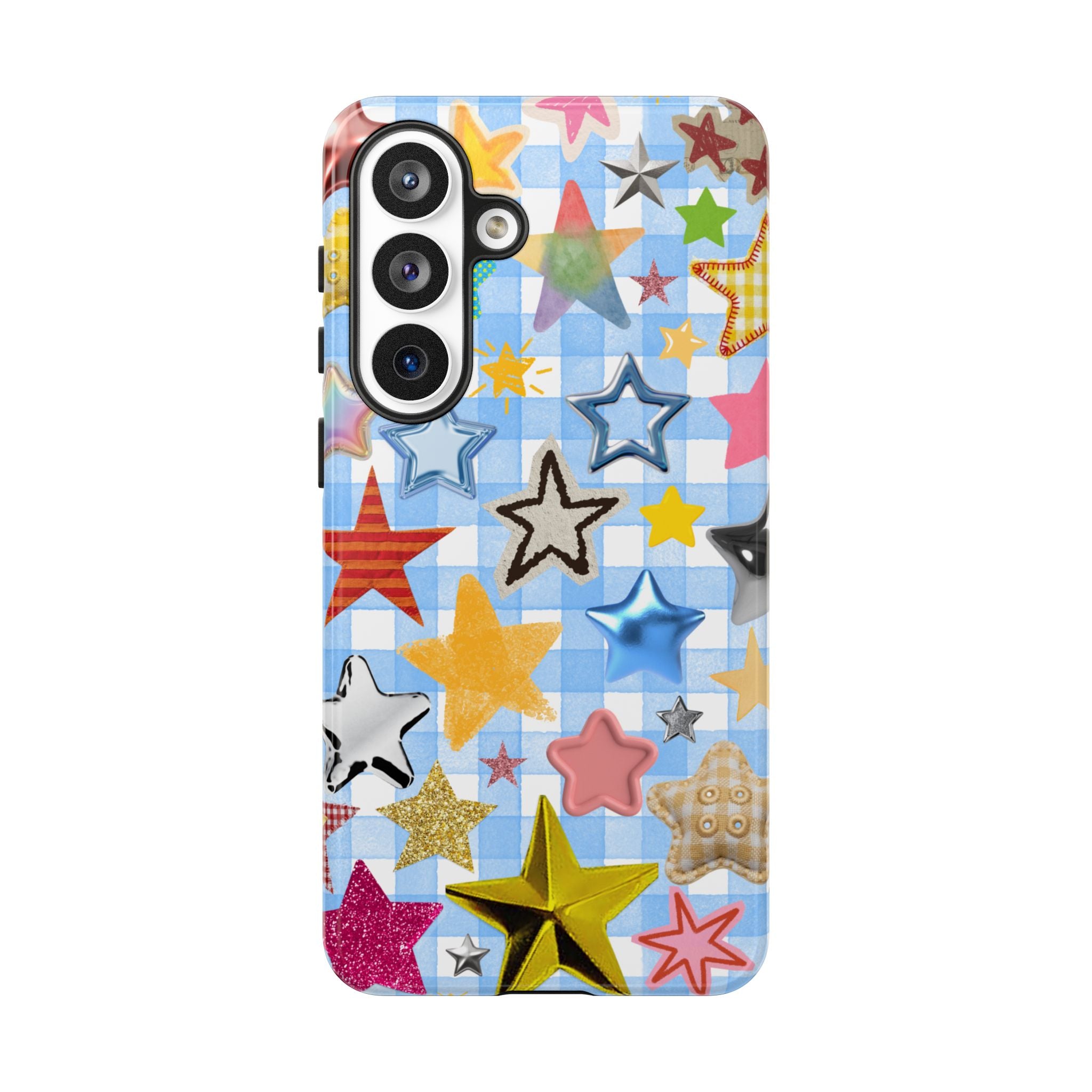 Star Pattern Phone Case – Colorful Stars on Blue Gingham Phone Case
