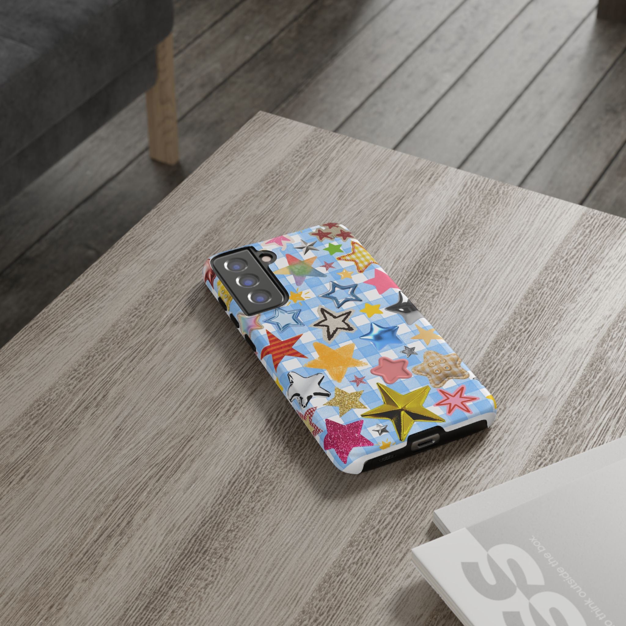 Star Pattern Phone Case – Colorful Stars on Blue Gingham Phone Case