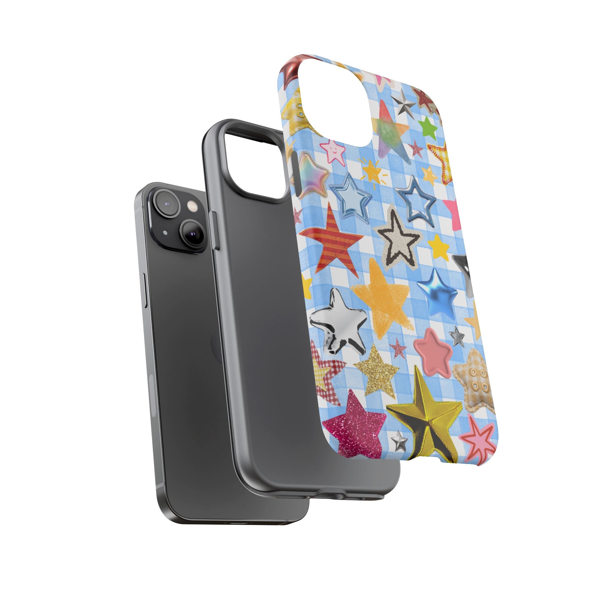 Star Pattern Phone Case – Colorful Stars on Blue Gingham Phone Case